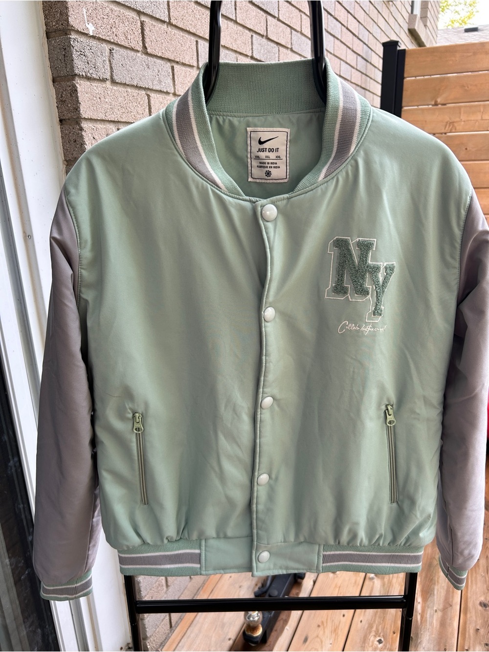 Nike Men's Sage Green and Gray Varsity Bomber Jacket
